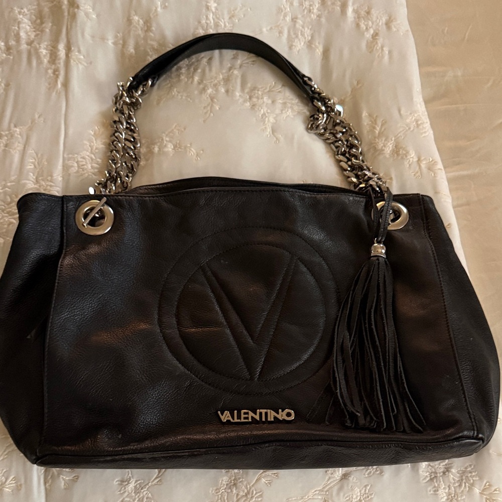 Valentino Black Leather Shoulder Bag with Tassel